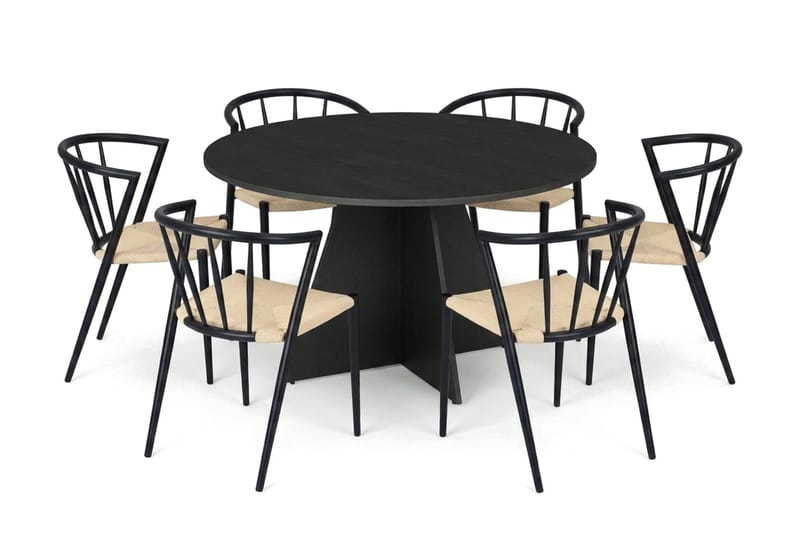 Vera Matgrupp runt 130 cm Svart med 6 Winston Matstolar - Svart - Products - Möbler - Bord & matgrupp - Matgrupp