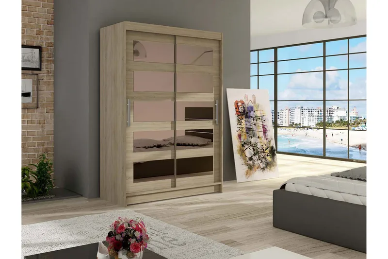 Estella Garderob 120 cm Skjutdörrar Delad Spegel - Ek - Products - Förvaring - Garderober & garderobssystem