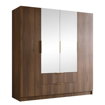 Herrljunga Garderob med Spegel 200x215 cm med lådor - Brun/Guld/Spegel - Products - Förvaring - Garderober & garderobssystem