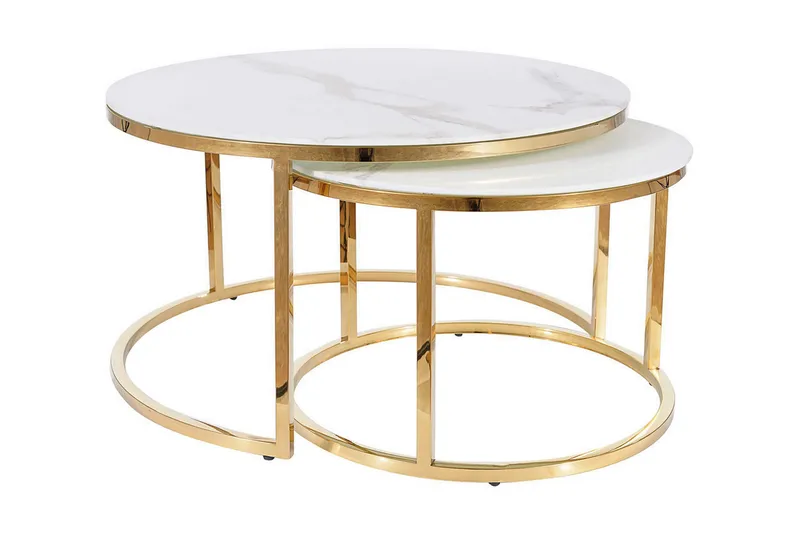 Musara Soffbord Runt Marmorlook, Glas/Vit Matt Lack/Guld