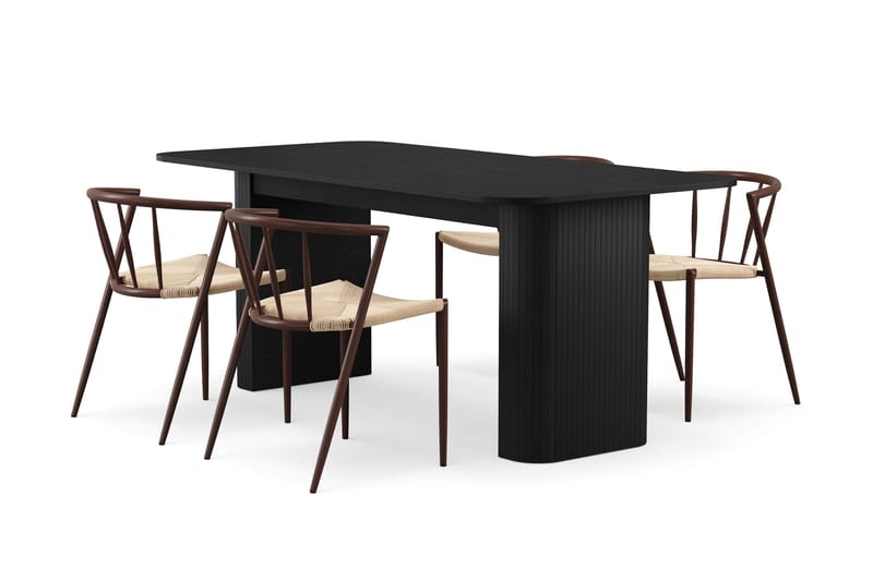 Kopparbo Matbord 180-240 cm Förlängningsbart med 4 Winston Matstolar, Svart / Beige / Metallben Rökt ek