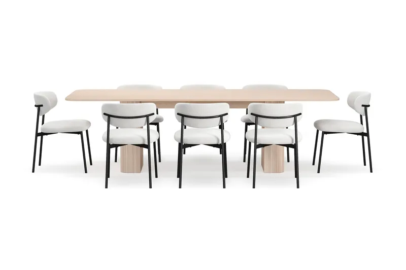 Kopparbo Matbord 200-260 cm Förlängningsbart med illäggsskiv med 8 Lucy Matstolar - Vit / Vit Bouclé / Metallben Svart - Products - Möbler - Bord & matgrupp - Matgrupp