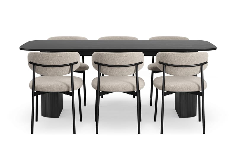 Kopparbo Matbord 200 cm med 6 Lucy Matstolar - Svart / Greige Bouclé / Metallben Svart - Products - Möbler - Bord & matgrupp - Matgrupp