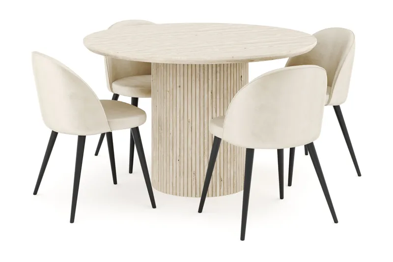 Kopparbo Matgrupp 120 cm Rund med 4 Valeri Sammetsstolar, Travetin