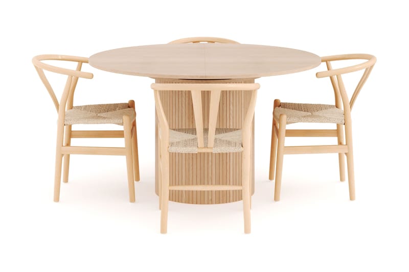 Kopparbo Matgrupp 130 cm Rund Förlängningsbart med 4 Dastoori Matstolar - Whitewash - Products - Möbler - Bord & matgrupp - Matgrupp