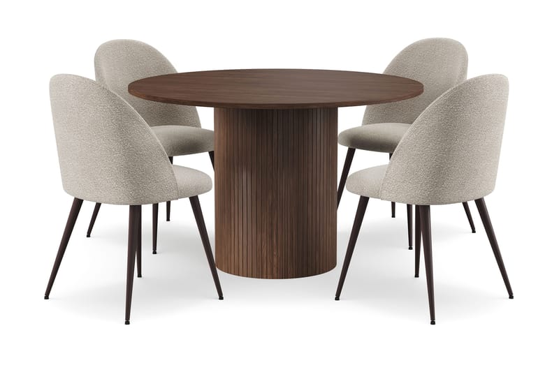 Kopparbo Runt Matbord 120 cm med 4 Nibe Plus Matstolar, Mörkbrun / Greige Bouclé / Metallben Valnöt