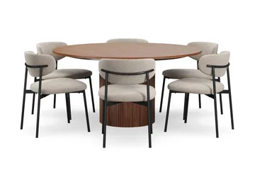 Kopparbo Runt Matbord 150 cm med 6 Lucy Matstolar - Valnöt / Greige Bouclé / Metallben Svart - Products - Möbler - Bord & matgrupp - Matgrupp