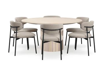 Kopparbo Runt Matbord 150 cm med 6 Lucy Matstolar - Vit / Greige Bouclé / Metallben Svart - Products - Möbler - Bord & matgrupp - Matgrupp