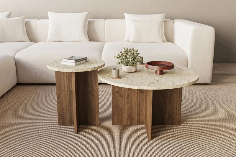 Lorricus Soffbord 70 cm Rund - Travertin Och Valnöt - Products - Möbler - Bord & matgrupp - Soffbord