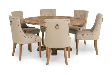 Lyon Matgrupp Ø150 cm Rund med 6 st Viktoria Stolar - Vintage Alm/Beige - Products - Möbler - Bord & matgrupp - Matgrupp