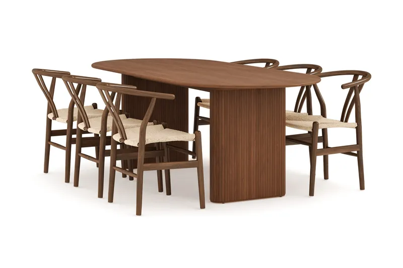 Noira Matgrupp 220 cm Massiv Valnöt med 6 Dastoori Matstolar, Ribbad / Natur / Mörkbrun / Brunt Trä