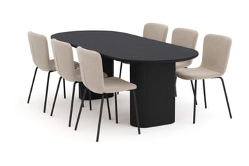 Noira Ovalt Matbord 220 cm med 6 Katy Matstolar - Svart / Greige Bouclé / Metallben Svart - Products - Möbler - Bord & matgrupp - Matgrupp