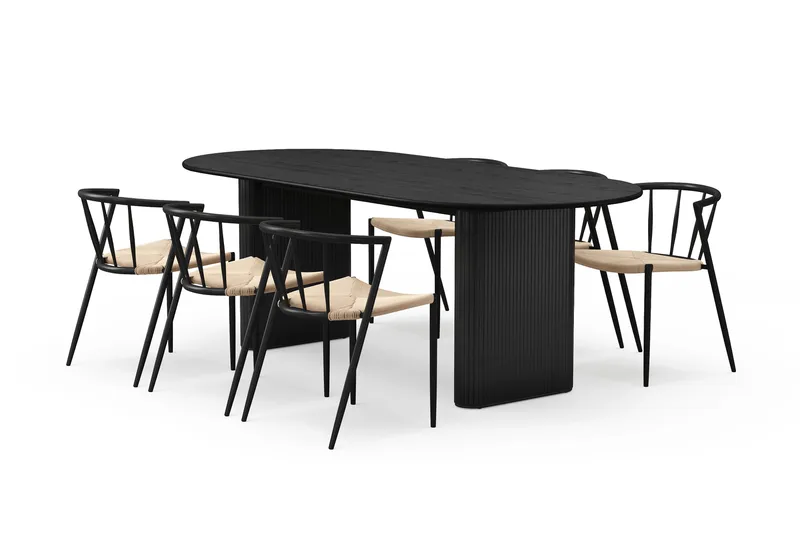 Noira Ovalt Matbord 220 cm med 6 Winston Matstolar, Svart / Beige / Metallben Svart