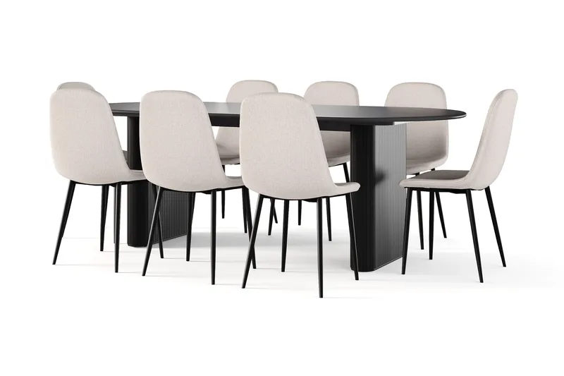 Noira Ovalt Matbord 220 cm Svart +  8 st Nibe stol beige med svarta ben, Svart/Beige
