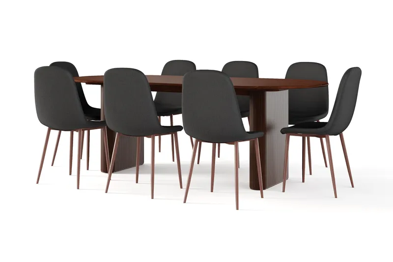 Noira Ovalt Matbord 220 cm Valnöt +  8 st Nibe stol svart med valnöt ben, Brun/Svart