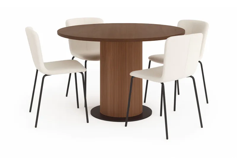 Noira Runt Litet Matbord Massiv Valnöt 120 cm med 4 Katy Matstolar, Brun / Vit Bouclé / Metallben Svart