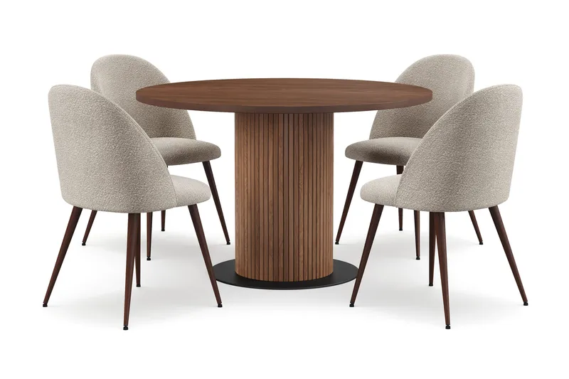 Noira Runt Litet Matbord Massiv Valnöt 120 cm med 4 Nibe Plus Matstolar, Brun / Greige Bouclé / Metallben Valnöt