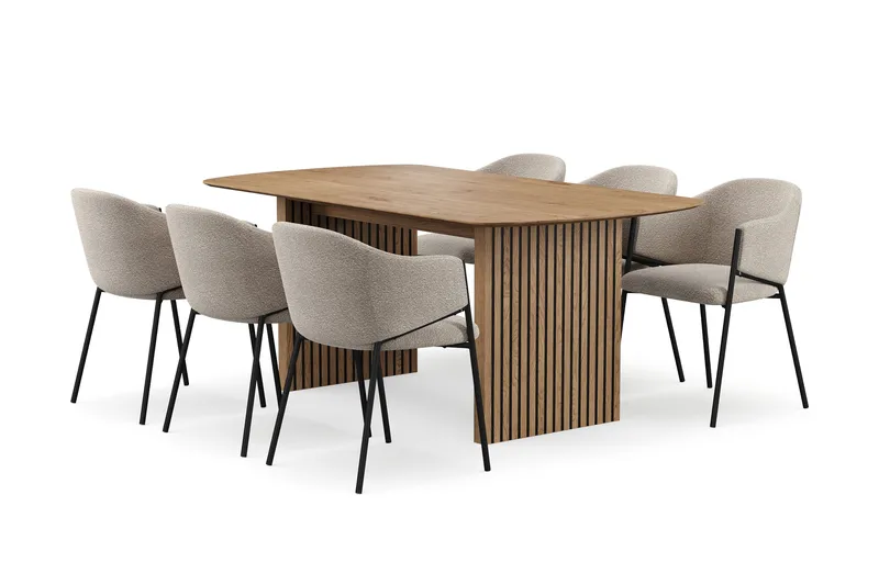 Richeto Matbord 180 cm med 6 Filip Matstolar, Naturlig finish / Taupe Bouclé