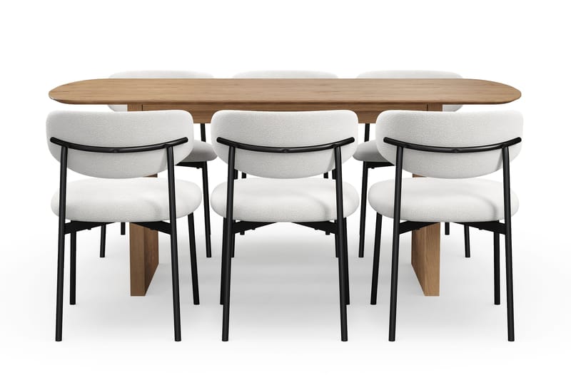 Richeto Matbord 180 cm med 6 Lucy Matstolar - Naturlig finish / Vit Bouclé / Metallben Svart - Products - Möbler - Bord & matgrupp - Matgrupp