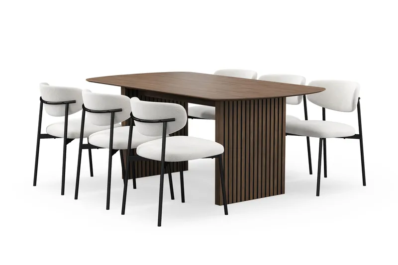 Richeto Matbord 180 cm med 6 Lucy Matstolar, R ökt ek / Vit Bouclé