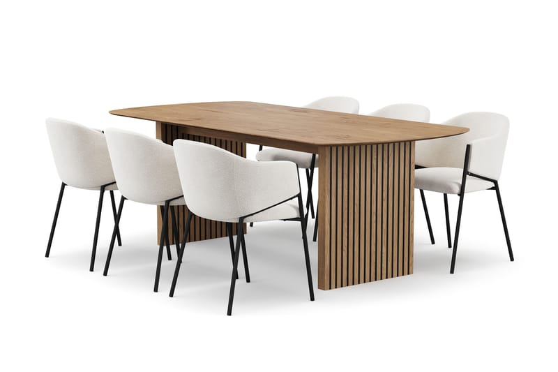 Richeto Matbord 210 cm med 6 Filip Matstolar, Naturlig finish / Vit Bouclé