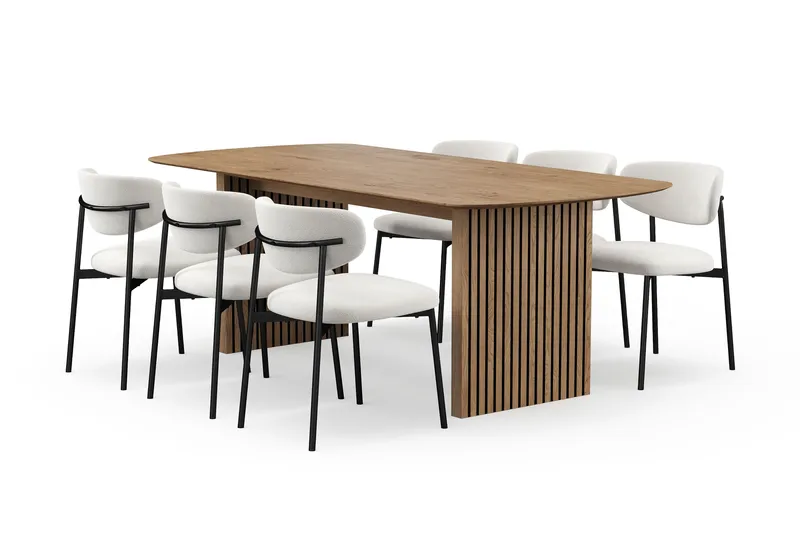 Richeto Matbord 210 cm med 6 Lucy Matstolar, Naturlig finish / Vit Bouclé / Metallben Svart