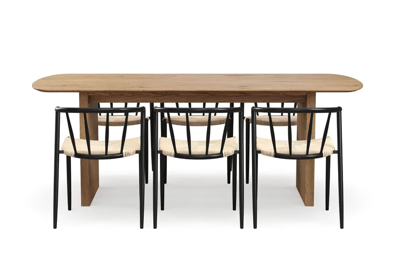 Richeto Matbord 210 cm med 6 Winston Matstolar - Naturlig finish / Beige / Metallben Svart - Products - Möbler - Bord & matgrupp - Matgrupp