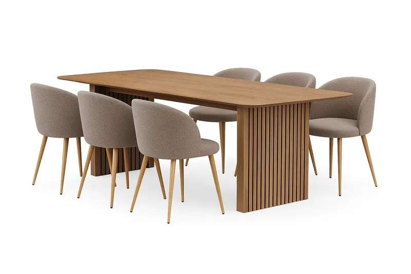 Richeto Matbord 240 cm med 6 Greya Matstolar med armstöd, Naturlig finish / Greige Bouclé / Metallben Ek