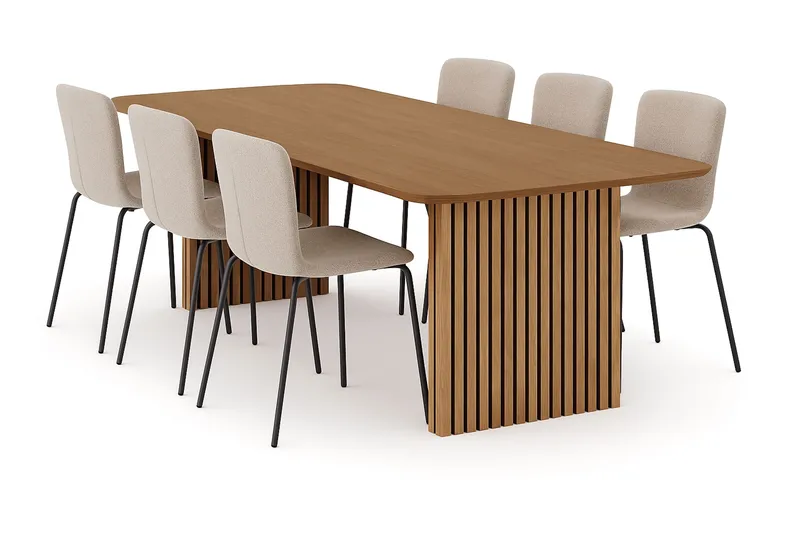 Richeto Matbord 240 cm med 6 Katy Matstolar, Naturlig finish / Greige Bouclé / Metallben Svart