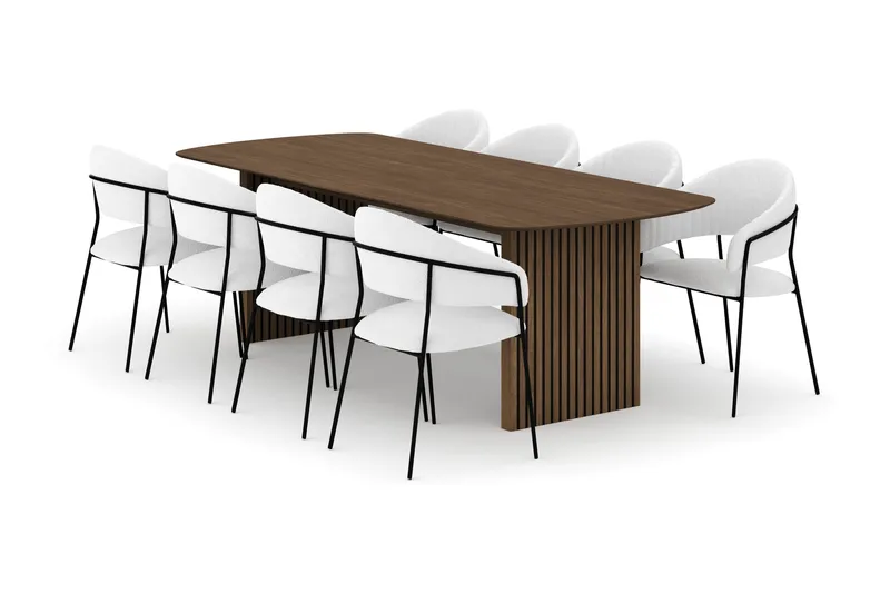 Richeto Matbord 240 cm med 8 Karol Matstolar, Rökt ek / Vit Bouclé