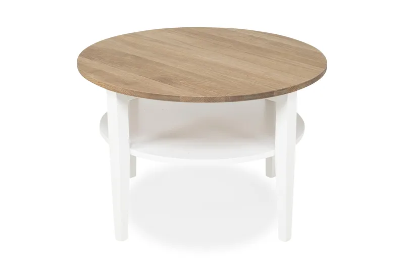 Mantorp Soffbord 80 cm Runt med Förvaring Hylla, Massiv Ek/Vit