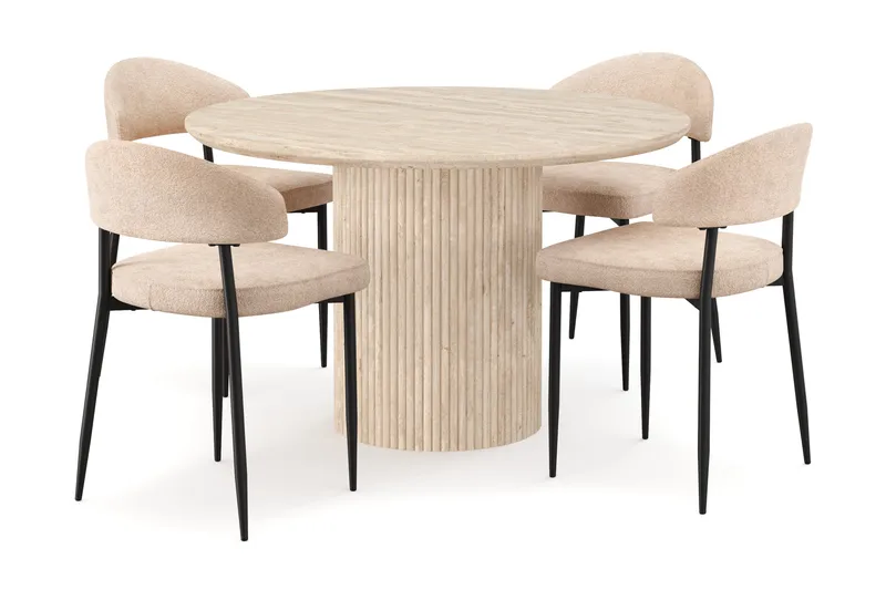 Uppveda Runt Matbord 120cm Travetin utseende med 4 st Jairam Matstolar, Beige