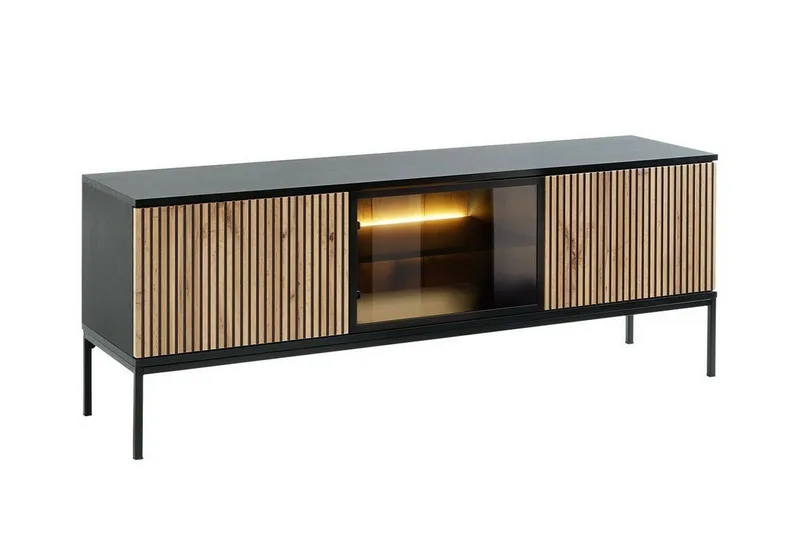 Klinkerville Tv bänk med belysning 39 cm djup 56 cm bred, Svart Trä / Glas / Ribbad