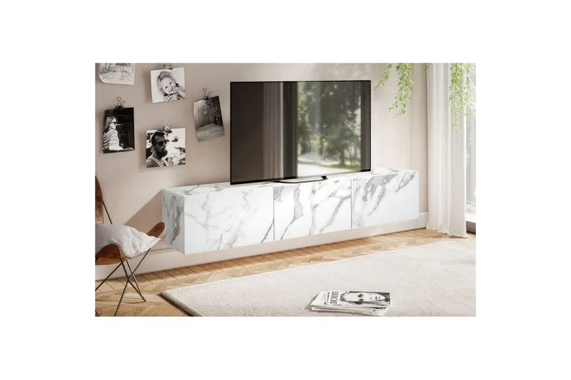 Lowboard Wohnling Folierad upphängning med luckdörr, modern Marmor, Vit, 160 cm - Marmor, Vit, 160 cm - Products - Möbler - TV- & Mediamöbler - TV-hylla