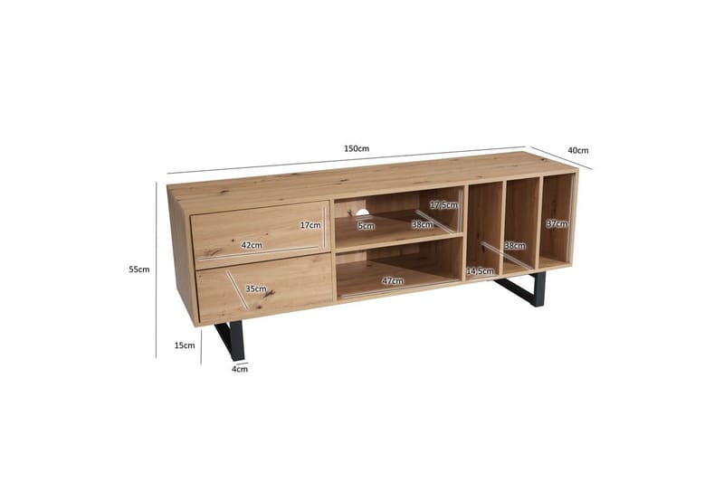 Lowboard Wohnling modernt spånskiva, 2 lådor, förvaringsbrickor, metallben, modern stil Ek - Ek - Products - Möbler - TV- & Mediamöbler - TV bänk & mediabänk