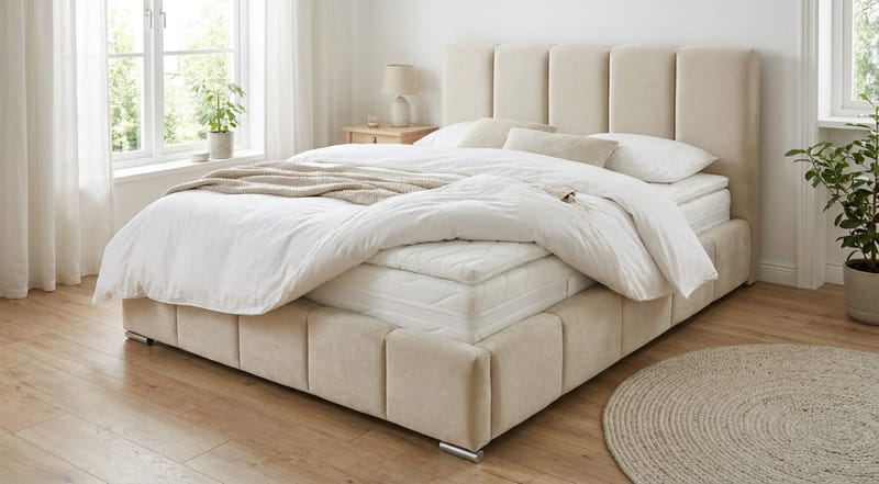 Cleaton Bubblig Sängram 180x200 cm med Förvaring HVILA Pocketresårmadrass och Bäddmadrass i Polysterskum Vändbar Sommar & Vintersida och Tvättbar klädsel - Beige/Vit - Products - Möbler - Säng - Komplett sängpaket