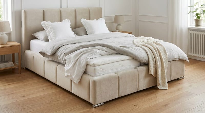 Cleaton Sängram 160x200 cm med Förvaring HVILA Resårmadrass och Bäddmadrass i Polysterskum med Tvättbar klädsel - Beige/Vit - Products - Möbler - Säng - Komplett sängpaket
