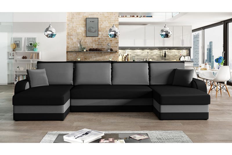 Alvared 4-sits Bäddsoffa med Dubbeldivan med Förvaring - Sammet/Svart/Grå - Products - Möbler - Soffa - Bäddsoffa - U bäddsoffa