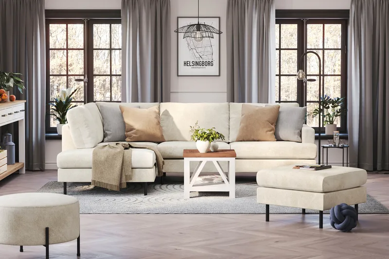 Menard Compact 4-sits Vänstervänd L-formad Schäslongsoffa i Sammet - Krämvit - Products - Möbler - Soffa - Divansoffa & schäslongsoffa - 4 sits soffa med divan