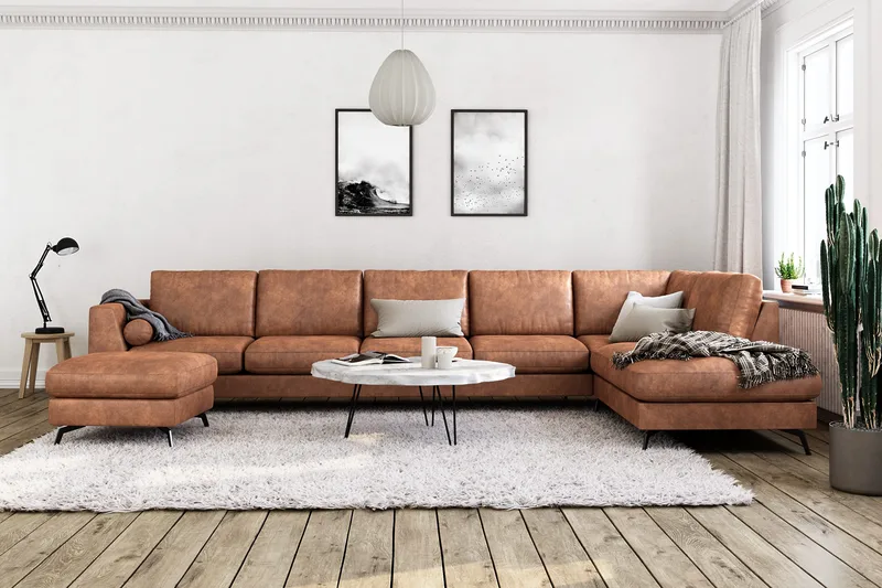 Ocean Lyx 6-sits Högervänd U-formad Soffa med Divan och Schäslong + Fotpall i Konstläder - Brun - Products - Möbler - Soffa - U-soffa