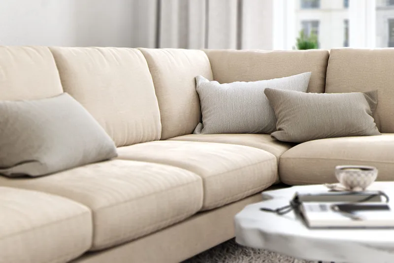 Ocean Lyx 6-sits Högervänd U-formad Soffa med Divan och Schäslong + Fotpall i Sammet - Beige - Products - Möbler - Soffa - U-soffa