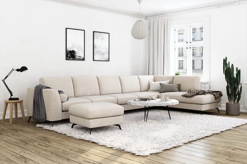 Ocean Lyx 6-sits Högervänd U-formad Soffa med Divan och Schäslong + Fotpall i Tyg - Beige - Products - Möbler - Soffa - U-soffa