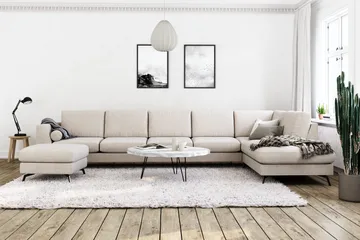 Ocean Lyx 6-sits Högervänd U-formad Soffa med Divan och Schäslong + Fotpall i Tyg - Beige - Products - Möbler - Soffa - U-soffa