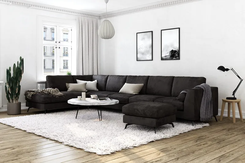 Ocean Lyx 6-sits Vänstervänd U-formad Soffa med Divan och Schäslong + Fotpall i Sammet - Mörkgrå - Products - Möbler - Soffa - Divansoffa & schäslongsoffa