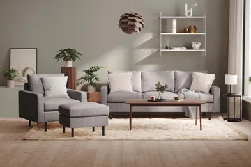 Peppe Soffgrupp 3-sits Soffa + Fåtölj + Fotpall i Manchester - Grå - Products - Möbler - Soffa - Soffgrupp
