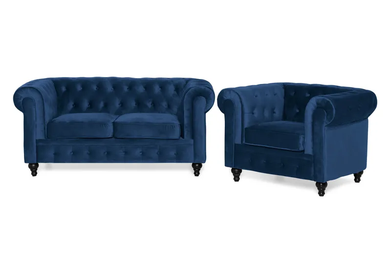 Chesterfield Lyx Soffgrupp 2-sits+Fåtölj Sammet - Blå - Products - Möbler - Soffa - Soffgrupp - Chesterfield soffgrupp
