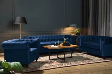 Chesterfield Lyx Soffgrupp 2-sits+Fåtölj Sammet - Blå - Products - Möbler - Soffa - Soffgrupp - Chesterfield soffgrupp