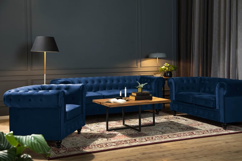Chesterfield Lyx Soffgrupp 2-sits+Fåtölj Sammet - Blå - Products - Möbler - Soffa - Soffgrupp - Chesterfield soffgrupp