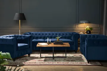 Chesterfield Lyx Soffgrupp 2-sits+Fåtölj Sammet - Blå - Products - Möbler - Soffa - Soffgrupp - Chesterfield soffgrupp