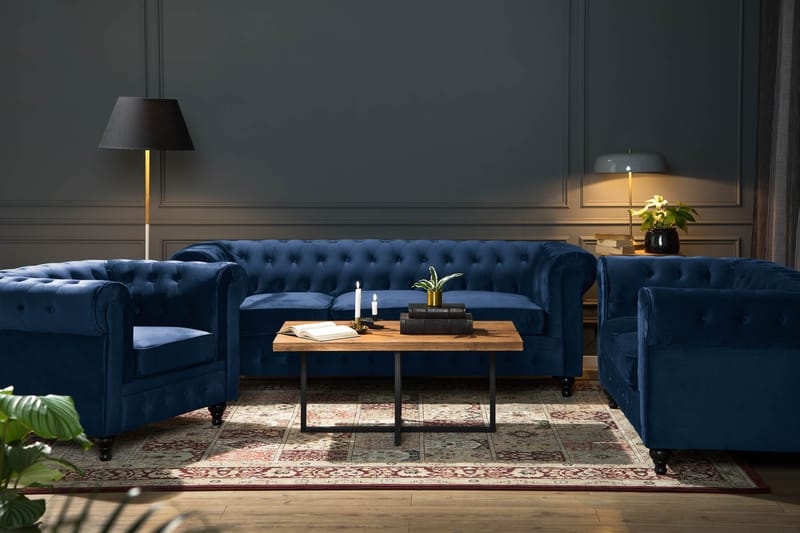 Chesterfield Lyx Soffgrupp 2-sits+Fåtölj Sammet - Blå - Products - Möbler - Soffa - Soffgrupp - Chesterfield soffgrupp